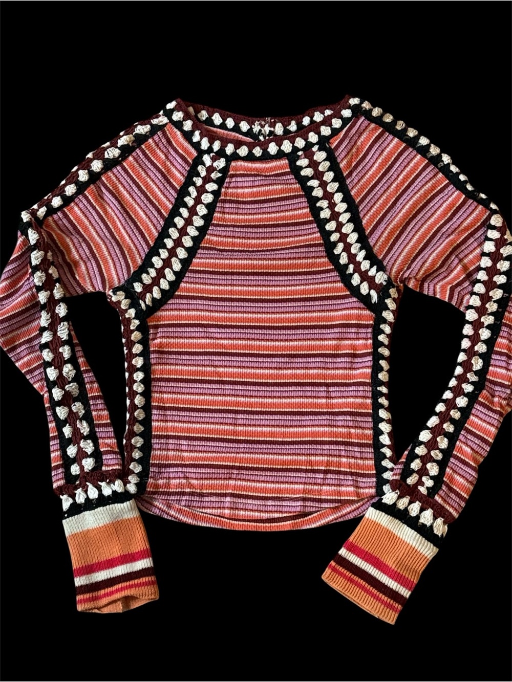 Free People Women’s Striped Pink Multi-Color Crochet Cropped Thermal Top!